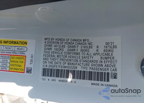 2022 Honda Civic Touring из США, поврежденный, VIN 2HGFE1F93NH303298